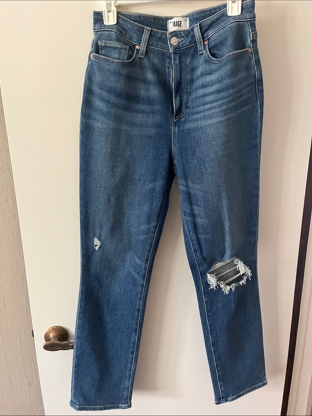 PAIGE Dark Blue Distressed Straight-Leg Jeans